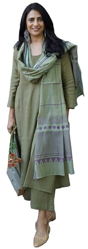 GoSriKi Women's Rayon Blend Straight Solid Kurta with Pant & Dupatta, Green, L