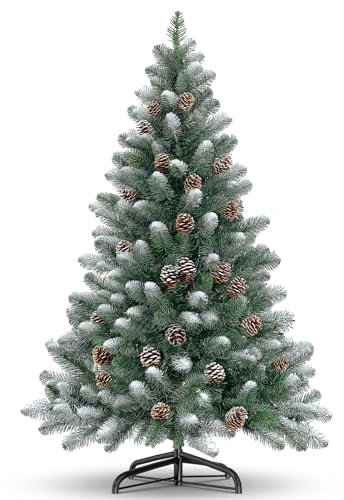 Kuro sagol Sapin de Noël Artificiel avec Neige et Pommes de pin, 150 cm, difficilement Inflammable, Montage Facile, Support Stable pour Une décoration de fête réaliste