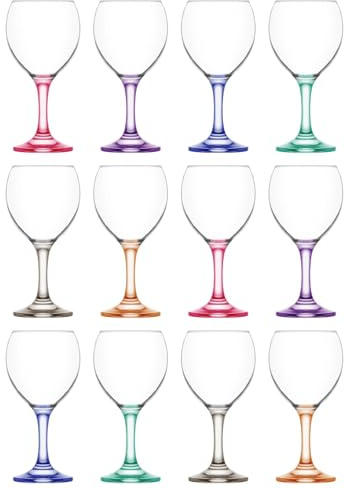 LAV 260ml Misket Wine Glasses - Coloured Stem - 12x Dishwasher Safe Glass Wedding Christmas Birthday Party Drinking Glassware Goblet Gift Set