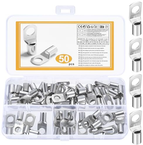 Juego de 50 conectores de terminales de anillo SC, 10 mm² - 6,5 mm, terminales de cobre estañado, terminales de cable de batería, terminales de cable de anillo, terminales de crimpado, conectores de