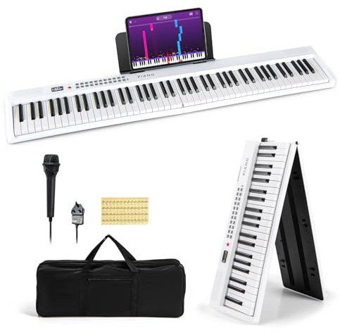 COSTWAY 88-Key Folding Digital Piano Keyboard, Full-Size Semi-Weighted Electric Piano with Microphone, Wireless Connection, Carrying Bag, Portable Keyboard for Beginners, Kids, Adults (White)