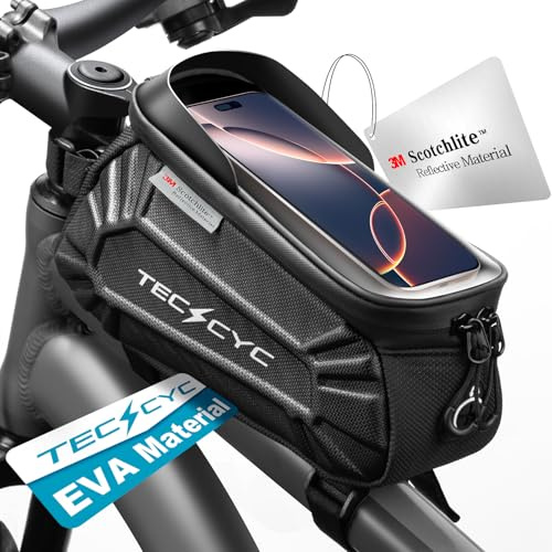 TECHCYC Bolsa Cuadro Bicicleta Lado Reflectores, Bolso Bicicleta Pantalla Táctil TPU, Bolsa Manillar Impermeable Resistente Arañazos,Smartphones hasta 7'', para MTB, Carretera, Bicicletas Eléctrica