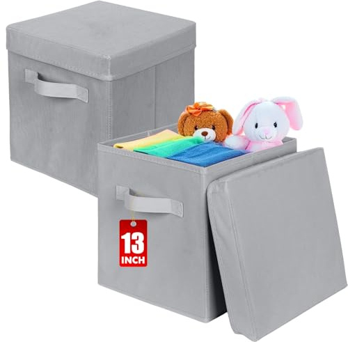 powerking Scatola di stoccaggio Bins, 2 pacchetto pieghevole tessuto stoccaggio cubo con coperchio, vestiti organizzatore cassetto per armadio e giocattoli stoccaggio, 33 x 33 x 33 cm,Grigio Chiaro