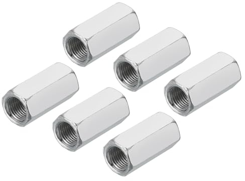 sourcing map M10 x 1 Pitch Carbon Steel Hex Coupling Nuts, 6Pcs 30mm/ 1.2 Length Fully Threaded Rod Coupling Nut Stud Fine Thread Pipe Connector Fasteners, Silver