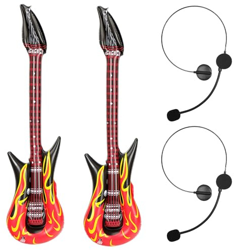 GYIOFAI 4 Pieza Accesorios para Disfraz de Rockstar, Guitarra Hinchable, Longitud Aprox. 93 cm, Micrófono y Auriculares Falsos, Accesorios De Vestuario De Cosplay, Fiesta Temática, (Negro, Rojo)