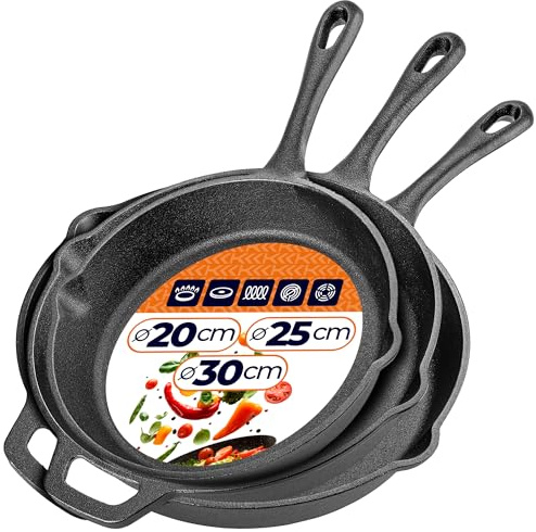 KADAX Juego de 3 sartenes de hierro fundido (20/25/30 cm), sartenes de hierro fundido, aptas para inducción y horno, sartén de hierro fundido para inducción