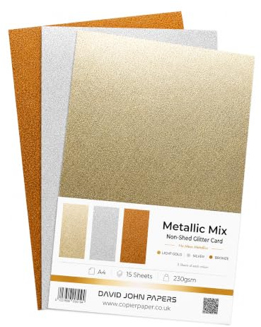 DJP Non-Shed Glitter Card, A4, 230gsm, Light Gold, Silver & Bronze Assorted Pack, 15 Sheets