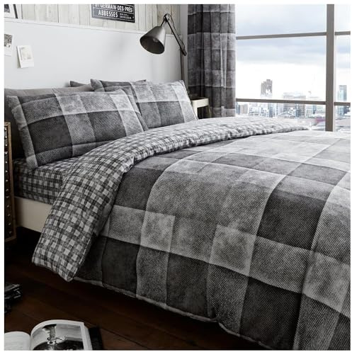 GC GAVENO CAVAILIA Parure de lit de Luxe à Carreaux en Denim avec Housse de Couette et taie d'oreiller-Polyester et Coton-Gris-Double, Polycoton (200 x 200cm)