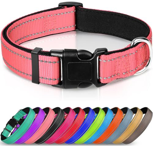 Joytale Reflective Dog Collar, Soft Neoprene Padded Breathable Nylon Pet Collar Adjustable for Medium Dogs, M, Pink