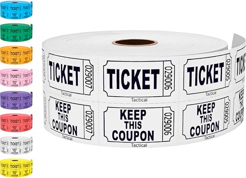1 000 Tacticai Raffle biljetter, vit (8 färgval), dubbelrulle, biljett för evenemang, entré, klassbelöning, insamling och priser