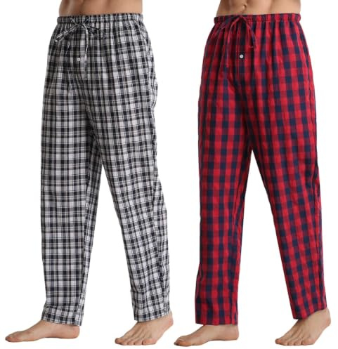 YUSHOW Pantalon Pijama Hombre Algodón Cuadros Suaves Pantalones de Dormir Ocio con Bolsillos y Cordón Verano 2 Piezas