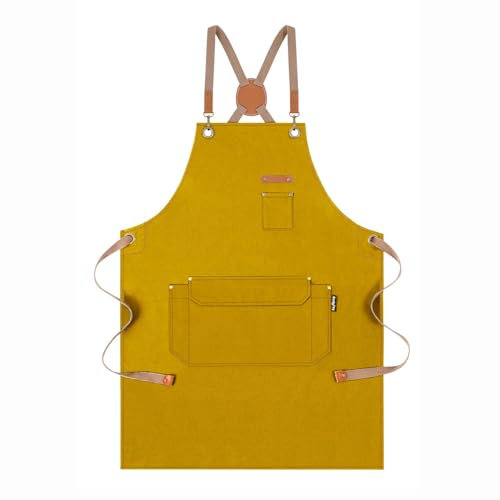 Genixart Chef Apron for Men Women with Pockets - Cross Back Kitchen Apron Cooking, Baking, BBQ, Art Painting - Cotton Canvas Work Aprons for Gardening, Restaurant, Cafe, Bar, Shop (1, Yellow)