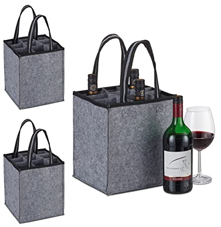 Relaxdays 3X Sacs à Bouteilles, 9 Boissons, Porte-Boissons, pour vin, bière, consignes, collecteur, 45x24x24 cm, Anthracite