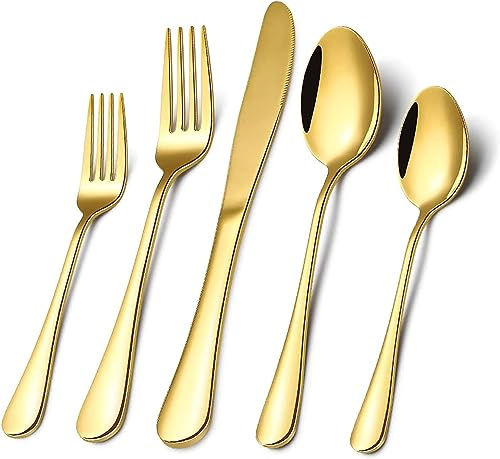 Gold Cutlery Set, 20 Piece Stainless Steel Flatware for 4 People, Tableware Silverware Set with Steak Knife and Fork Sets, Elegant Design, Mirror Polished and Dishwasher Safe(Gold)