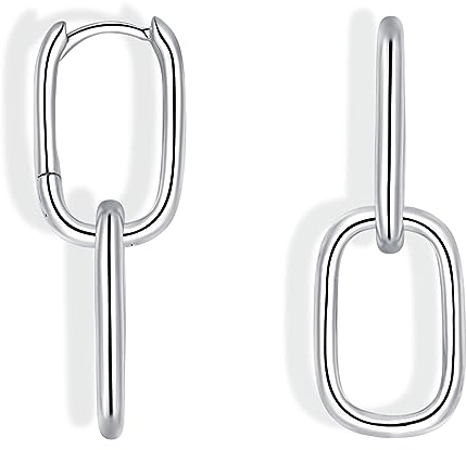 Cangall Convertible Link Earrings for Women, 925 Sterling Silver Double Oval Hoop Earrings, Paperclip Link Chain Hoop Earrings, Hypoallergenic Small Geometric Silver Sleeper Huggie Earrings Dangling