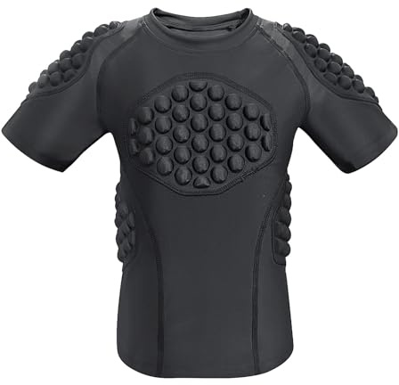 Topeter Maglia da calcio imbottita per ragazzi, maglietta a compressione per bambini, con protezioni a costine, petto, spalle, schiena