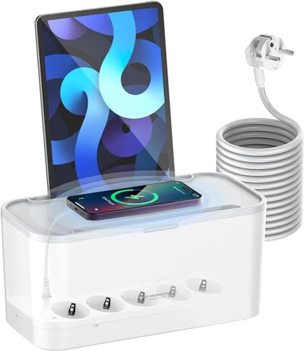 Yangers Kabelmanagement Box mit Steckdosenleiste USB Überspannungsschutz 2500W, 5 Fach Mehrfachsteckdose mit 3 USB und Kabelloses Ladegerät, 30W USB C PD QC3.0 Schnellladungund, Kabelbox Organizer