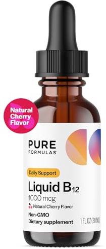 PureFormulas Liquid B12 1000 mcg - Natural Cherry Flavor B12 Sublingual Drops, Potent Daily Support for Energy & Wellness - Non-GMO, Allergen-Free - 1 fl. Oz.