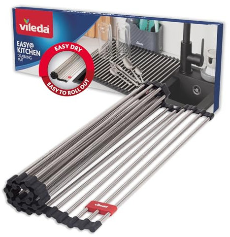 Vileda Scolapiatti per Lavelli 45x40cm in Acciaio Inox e TPE - 24 Barre, arrotolabile - Scolapiatti e Coprilavello - Scolapiatti Pieghevole - Griglia per Lavandino Cucina - Accessori per Lavello