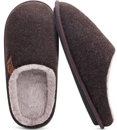 COFACE Mens Warm House Slippers Cozy Memory Foam Scuff Slipper Slip On Lightweight Felt Bedroom Shoes With Indoor Outdoor Rubber Sole, Dark Brown Size 13
