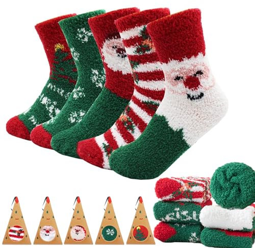5 Paia Calzini Natalizi Calze Donna Invernali,Calzini da Babbo Natale,Calze Natalizie Donna,Morbide Soffici Termiche Calzini Pile di Corallo Pantofola Calzettoni Caldi da Pavimento,Regalo Natalizi