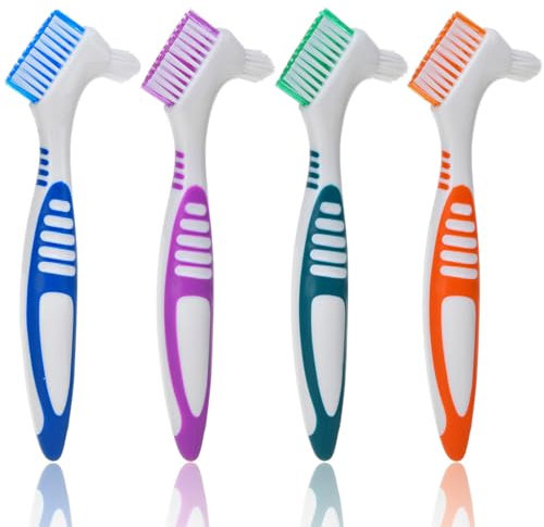 Doppelseitige Prothesenreinigungsbürsten, 4 Stück Tragbare Prothesenreinigungsbürsten, mit Moderaten Mehrschichtigen Borsten, Ergonomische Gebissbürste, für Reinigung falscher Zähne, mehrfarbig