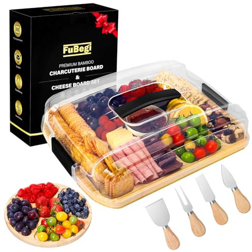 Portable Charcuterie Board with Lid for Travel, Bamboo Charcuterie Board with Cover & 7 Compartments, Double Sided Cheese Board Serving Tray Charcuterie Platter Fruit Tray Gift Set for Party Picnic