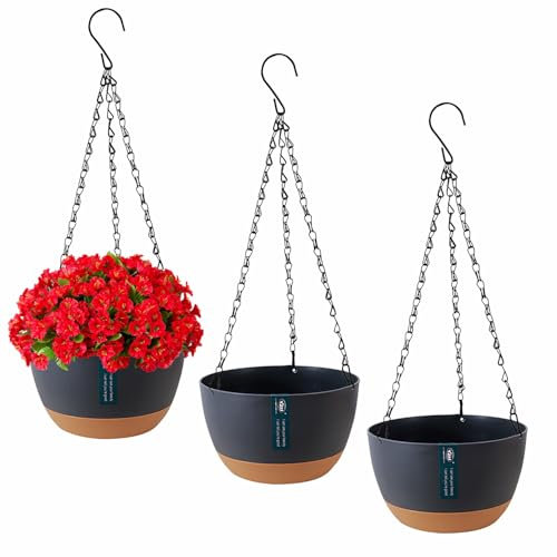 Exquilnova Lot de 3 pots de fleurs suspendus avec trous de drainage et soucoupes, support de plantes à suspendre pour intérieur et extérieur, panier suspendu pour plantes et fleurs (gris foncé)