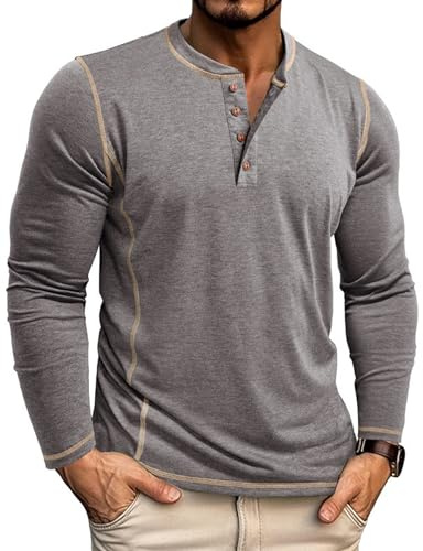 Tee Shirt Homme Manches Longues T Shirt Coton Henley T-Shirts Col Tunisien Décontracté Slim Fit Tshirt Gris M