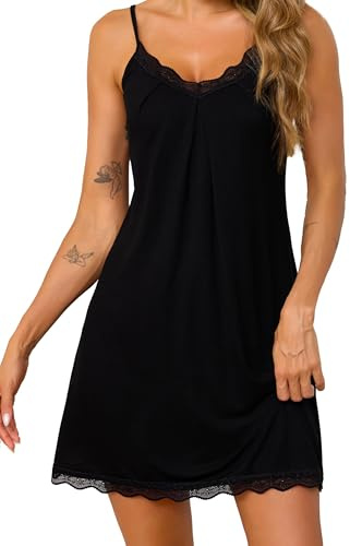 Lovasy Camicia da Notte Sexy Donna Corta Sottoveste in Pizzo Leggero Babydoll Taglie Forti Spalline Sottili Regolabili Pigiama Vestaglia Scollo a V Senza Maniche,A-Nero,L