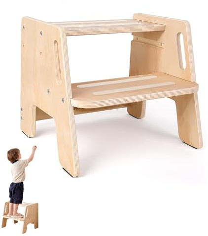 Yunlaishaocer Marche Pied à 2 Niveaux pour Enfants,Marche Pied Bois avec Poignées et Repose-Pieds Antidérapants,Capacité de Charge jusqu'à 150 kg pour Lavabo Salle Bain, Chambre à Coucher, Cuisine