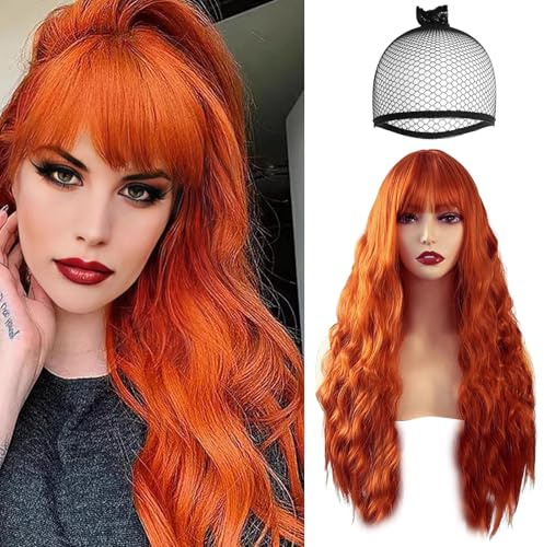 HTTDSLF Lungo Arancione Parrucche Ondulata per le Donne 26''/66cm, Parrucche Lunga Ondulati Ricci Sintetici Naturali Capelli, Resistente, per Capelli per Festa Cosplay Halloween Quotidiano