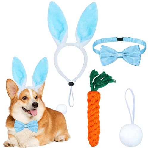 Cerchietto Orecchie da Coniglio Pasquale per Cani, 4 Pezzi Accessori per Costumi da Cane con Fascia Capelli Orecchie da Coniglio, Papillon, Coda, Giocattolo Carota per Carnevale Pasqua Cosplay (Blu)