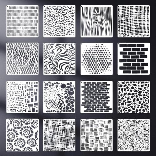 Xiciki 16 Pcs Square Mixed Texture Stencils for Crafts Reusable, Painting | Durable plastic stencils for painting; easy-align wall stencils for DIY crafters, canvas, wood and home decoration