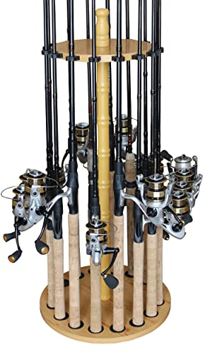 Rush Creek Creations Fishing Rod Holders for Garage, Fishing Pole Rack, Floor Stand Holds up to 16 Rods, Fishing Gear Equipment Storage Organizer, Fishing Gifts for Men, 24-Rod Light Wood