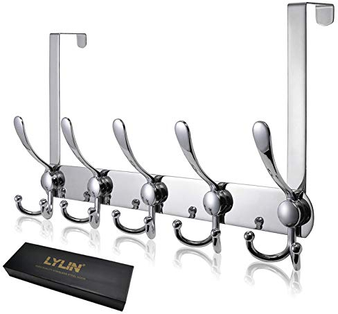 LYLIN Appendiabiti da Porta, Ganci Porta in Acciaio Inox, Attaccapanni da Porta per Cucina Ufficio Bagno (15 Ganci, Argento, Porta 4.5 cm)