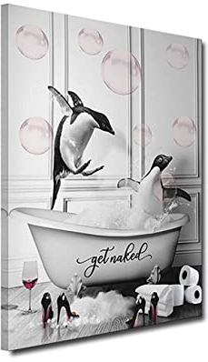 ZHONGYUTONG Badezimmer Wandbilder-Pinguine in der Badewanne mit Rosa Blasen lustige Tiere Bild Wanddekoration Gerahmt Schwarz Weiß Leinwandbilder Gemälde für Badezimmer (40x60cm)