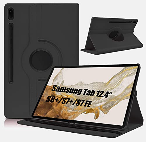 Dlahaby Hülle für Samsung Tab S8+ S8 Plus 2022 /S7 FE 2021/S7 Plus 2020 12.4 Zoll,PU Leder mit Drehbar Standfunktion Schutzhülle für Tablet Samsung Tab S7 Fe/S8 Plus/S7 Plus,Schwarz
