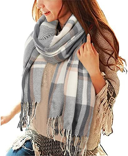heekpek Grande Taille Femme Homme Echarpe Hiver Chaud en Cachemire Imitation Carreaux Doux écharpe épais Pull Châle Mode écharpe Fraîche Cadeau Unisexe Cadeau Noël, Taille unique, Gris Beige