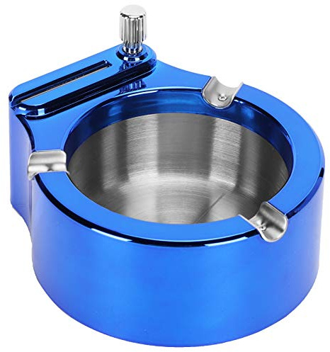 Stainless Steel Tabletop Smoking Ashtray with Match Lighter - Modern Cigarette Container for Smokers, Desktop Cigar Tray for Indoor Outdoor (Blue)