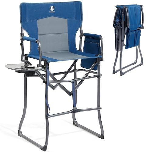 EVER ADVANCED Portable 76CM Seat Height Tall Folding Camping Chair Directors Chair High Foldable Bar Stool with Side Table for Makeup Artist, Sports Event, Craft Show, Supports 160KG Blue Grey