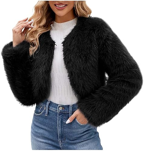 AMhomely Womens Faux Fur Coat Short Plus Size Cropped Furry Jacket Fluffy Coats For Dress Open Front Bolero Faux Fur Shrug Elegant Fake Fur Jacket Solid Soft Fuzzy Thick Winter Warm Jacket Black M