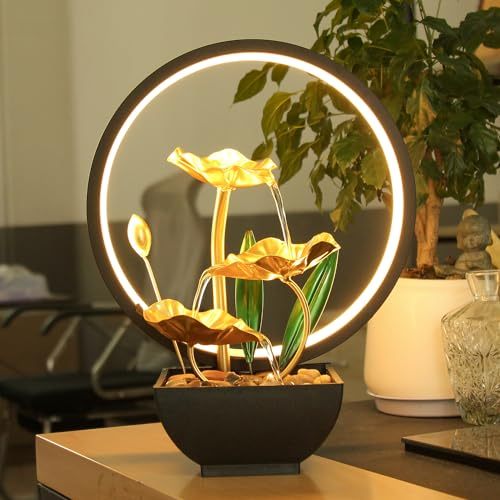 TiCin USB Powered 3-Tier Tabletop Fountain with Natural Rocks and LED Ring Lights, Home and Office Decor