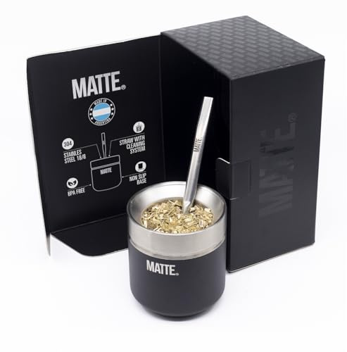 Matte 6.5 oz Yerba Mate Gourd and Bombilla Set - Includes DS Pro Box - BPA Free Yerba Mate Set Kit with Mate Straw, Elegant Design, Non-Slip Base (Black)