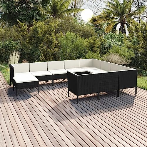 QZZCED Terrassengarnitur Garten-Loungemöbel Gartenmöbel-Sets Balkonmöbel-Set 11-TLG. Garten-Lounge-Set mit Auflagen Poly Rattan Schwarz für Garten, Terrasse und Balkon