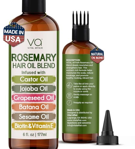 VITAL AFFAIR Blend Of Pure Rosemary Oil For Hair Growth With Castor, Batana, Jojoba Oil-Infused With Biotin & Vitamin E-Blend of Effective Hair Oils for Hair Growth-Strengthening Treatment 6 Fl Oz