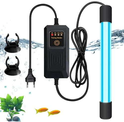PORFOYO Stérilisateur UV pour aquarium, 9 W, lumière UVC avec minuterie, étanche, stérilisateur UV domestique, clarificateur UV pour nettoyer les aquariums, les piscines et les bassins à poissons