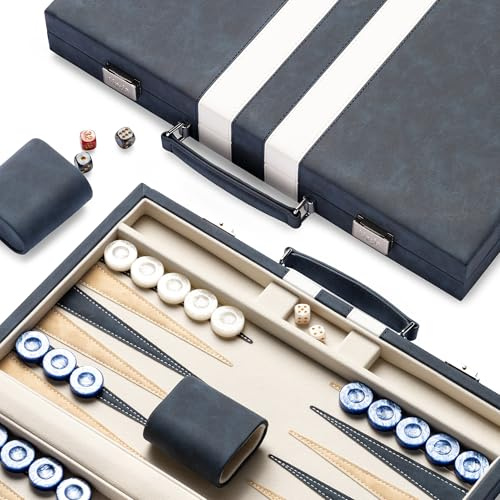 Lingle 15inch Backgammon Sets for Adults, Classic Board Game with Folding Leather Backgammon Case, Faux Leather Exterior and Velvet Interior, Portable Travel Game Set (Blue)