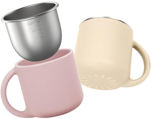 Bakpoco 2-IN-1 Open Baby Cups, Stainless Steel Tiny Cup + Silicone Training Cup for Toddlers Kids Babys, No Plastic Taste | No Soap Smell | Shock-proof BLW Feeding Essentials, 2-Pack, Blush/Beige