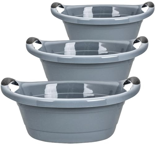 Set di 3 vasche per la biancheria, 15 litri, colore grigio, made in EU, con manici, 50 x 38 x 18 cm